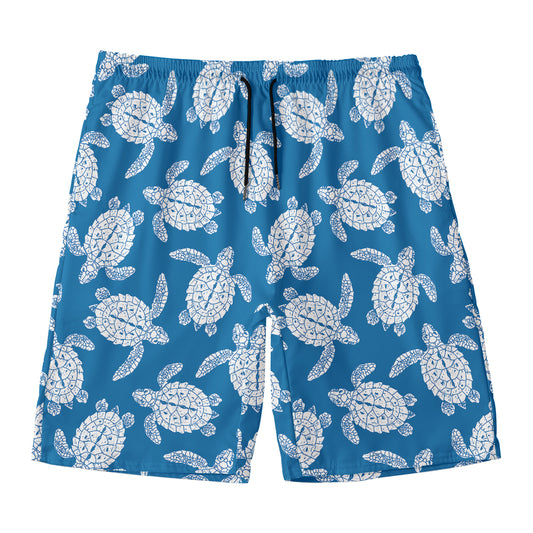 Blue And White Sea Turtle Pattern Print Men's Swim Trunks