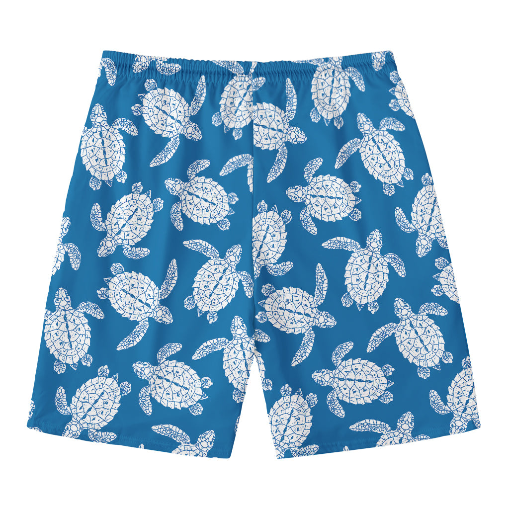 Blue And White Sea Turtle Pattern Print Men's Swim Trunks