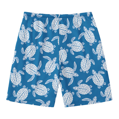 Blue And White Sea Turtle Pattern Print Men's Swim Trunks