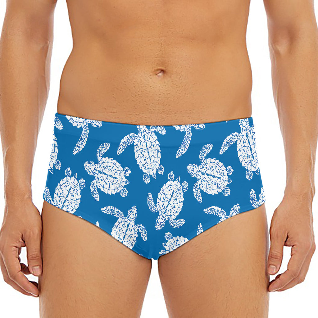 Blue And White Sea Turtle Pattern Print Men's Triangle Swim Briefs