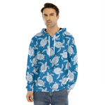 Blue And White Sea Turtle Pattern Print Men's Velvet Pullover Hoodie