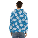 Blue And White Sea Turtle Pattern Print Men's Velvet Pullover Hoodie