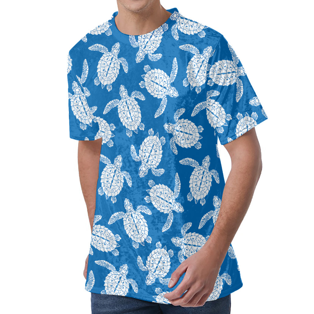 Blue And White Sea Turtle Pattern Print Men's Velvet T-Shirt