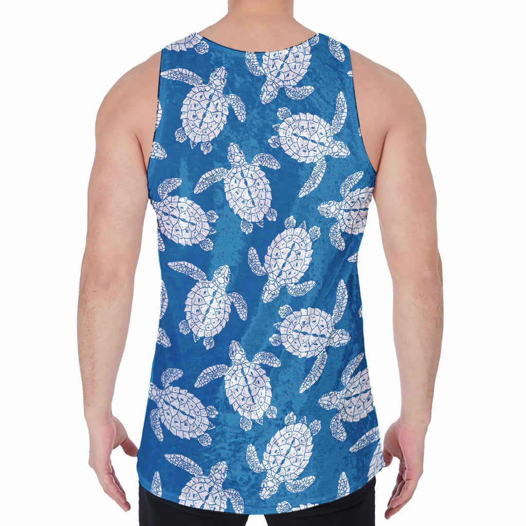 Blue And White Sea Turtle Pattern Print Men's Velvet Tank Top