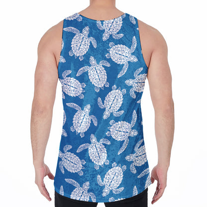 Blue And White Sea Turtle Pattern Print Men's Velvet Tank Top