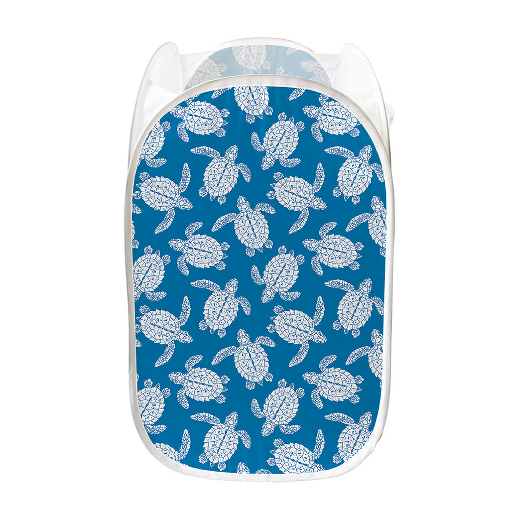 Blue And White Sea Turtle Pattern Print Mesh Laundry Hamper