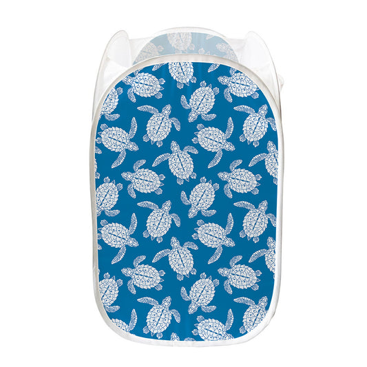 Blue And White Sea Turtle Pattern Print Mesh Laundry Hamper