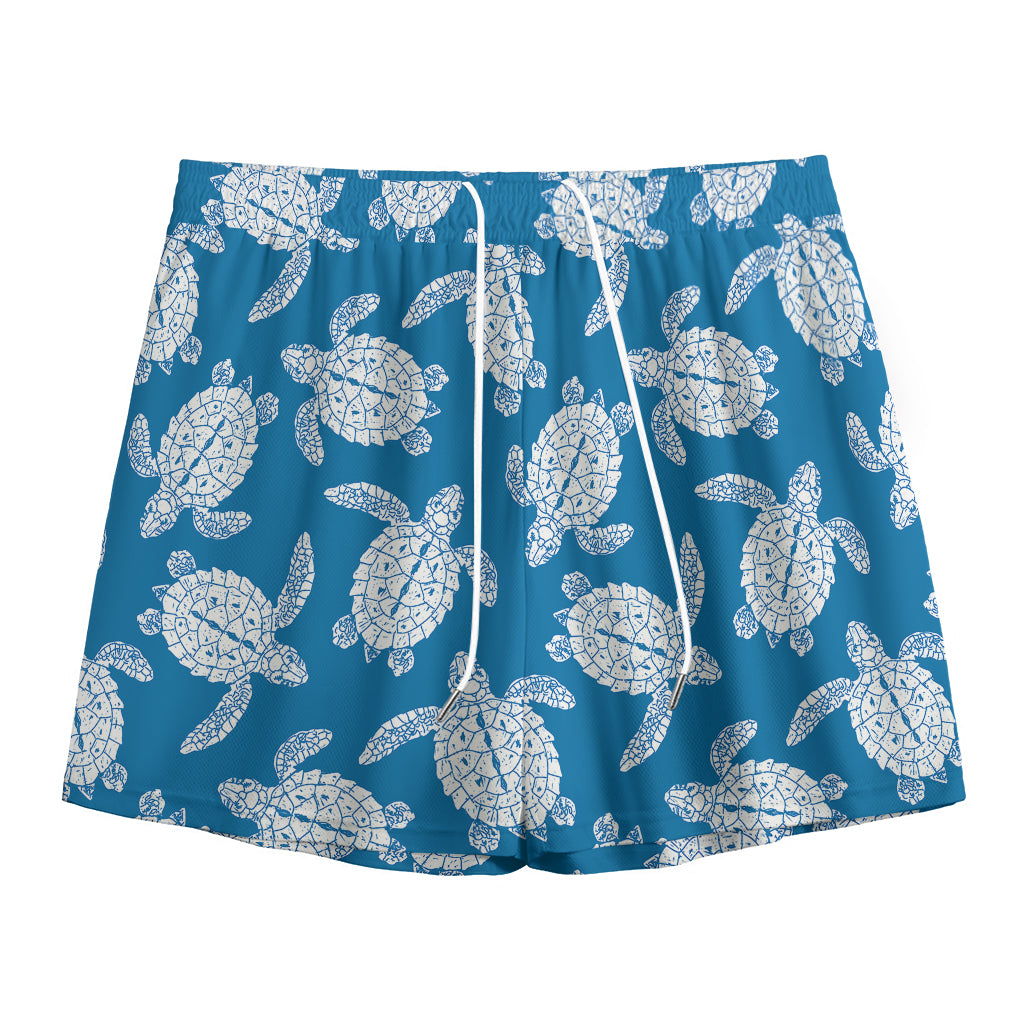 Blue And White Sea Turtle Pattern Print Mesh Shorts