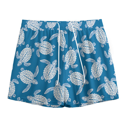 Blue And White Sea Turtle Pattern Print Mesh Shorts