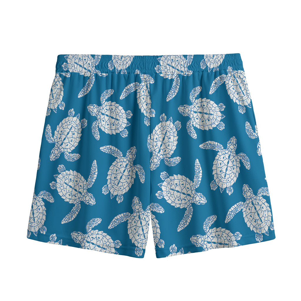Blue And White Sea Turtle Pattern Print Mesh Shorts