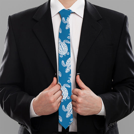 Blue And White Sea Turtle Pattern Print Necktie