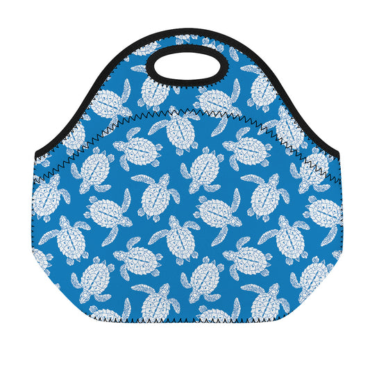 Blue And White Sea Turtle Pattern Print Neoprene Lunch Bag