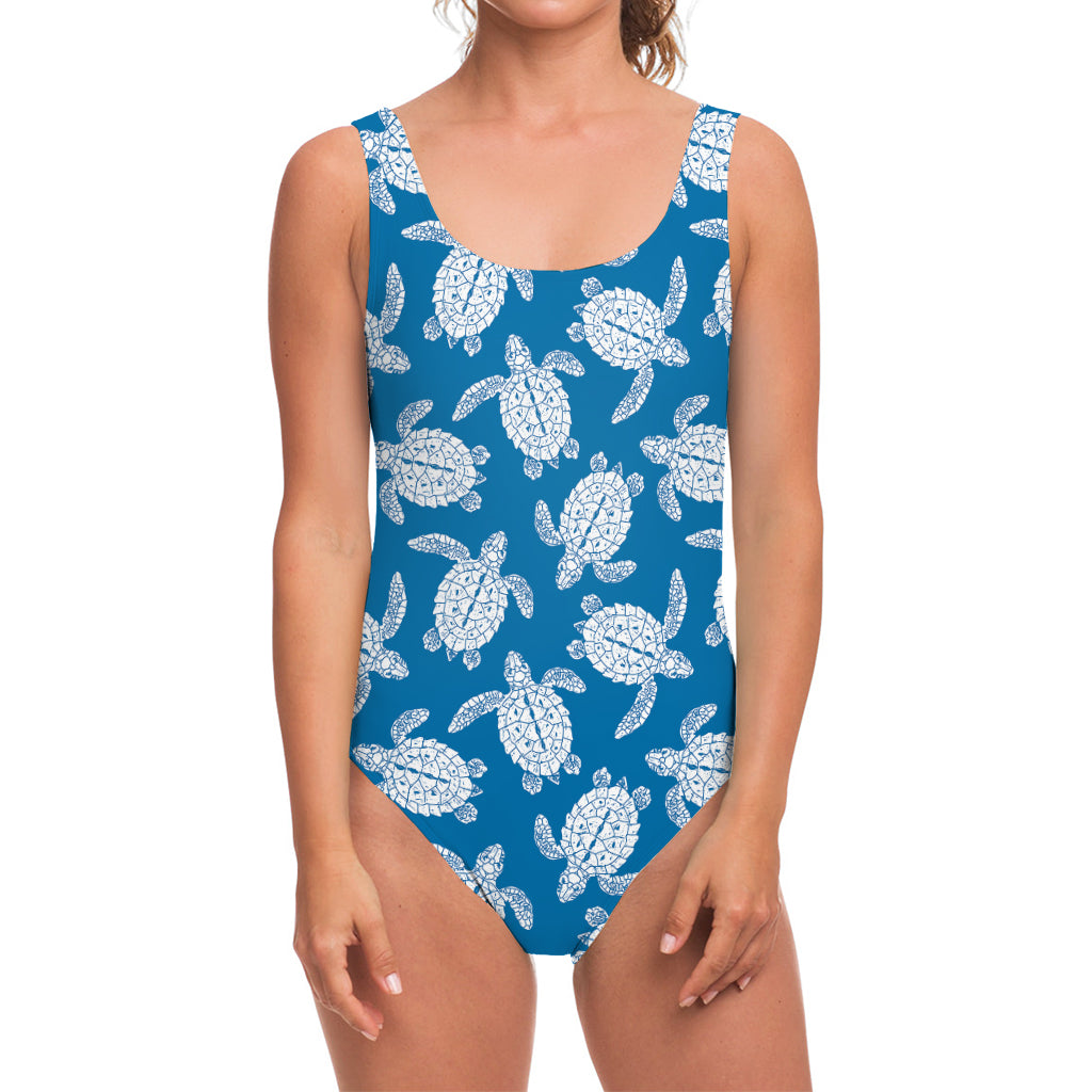 Blue And White Sea Turtle Pattern Print One Piece Swimsuit