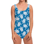 Blue And White Sea Turtle Pattern Print One Piece Swimsuit