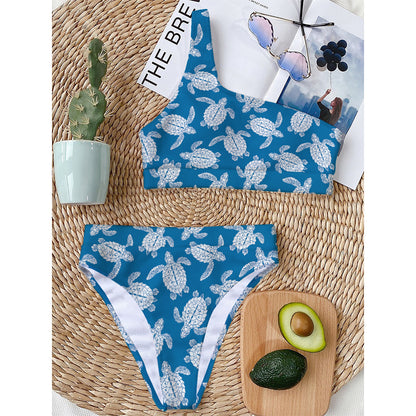 Blue And White Sea Turtle Pattern Print One Shoulder Bikini Top