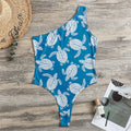 Blue And White Sea Turtle Pattern Print One Shoulder Bodysuit