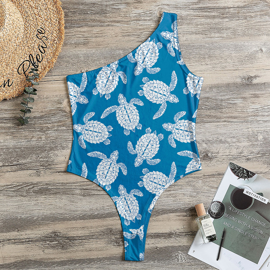 Blue And White Sea Turtle Pattern Print One Shoulder Bodysuit