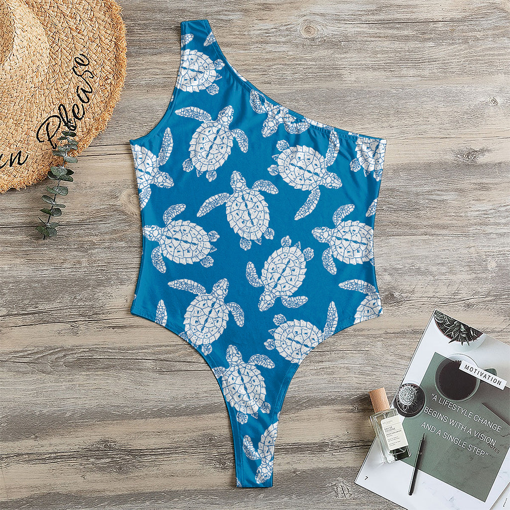 Blue And White Sea Turtle Pattern Print One Shoulder Bodysuit