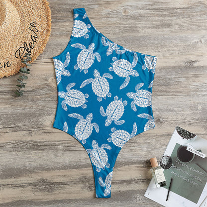 Blue And White Sea Turtle Pattern Print One Shoulder Bodysuit