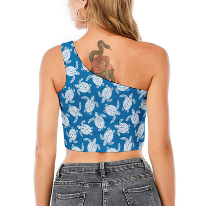 Blue And White Sea Turtle Pattern Print One Shoulder Crop Top