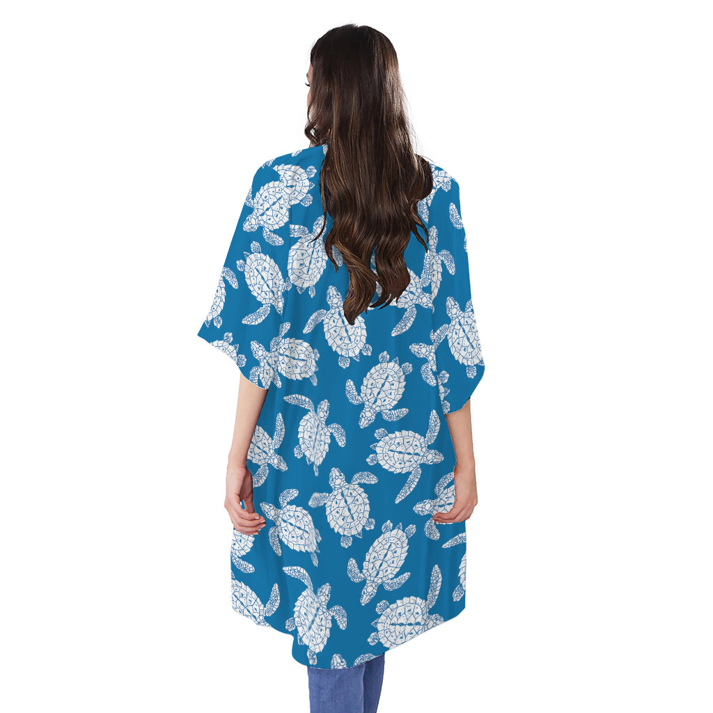 Blue And White Sea Turtle Pattern Print Open Front Beach Cover Up