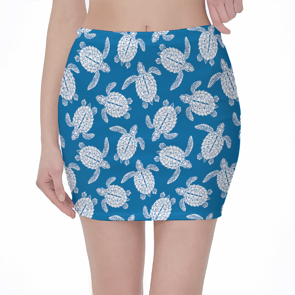 Blue And White Sea Turtle Pattern Print Pencil Mini Skirt
