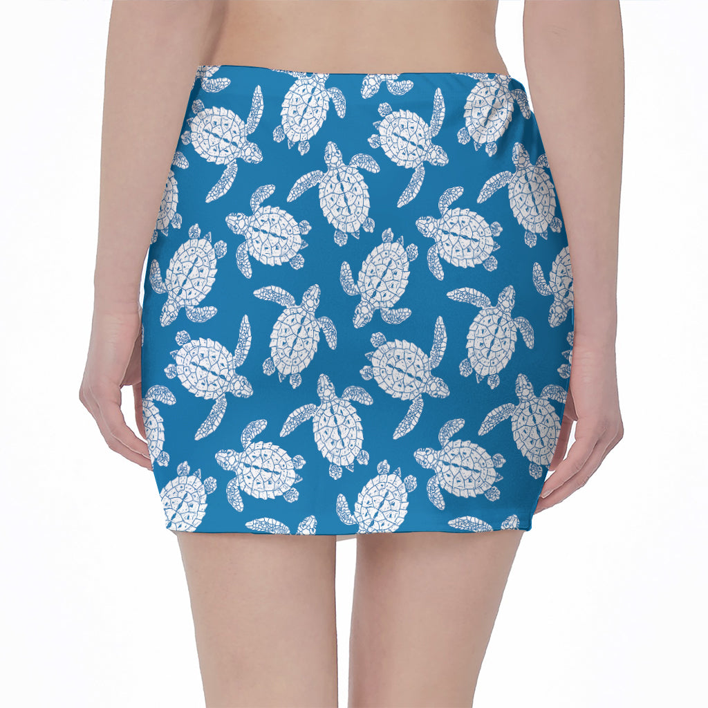 Blue And White Sea Turtle Pattern Print Pencil Mini Skirt