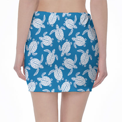 Blue And White Sea Turtle Pattern Print Pencil Mini Skirt