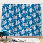 Blue And White Sea Turtle Pattern Print Pencil Pleat Curtains