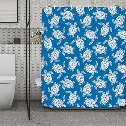 Blue And White Sea Turtle Pattern Print Polyester Shower Curtain