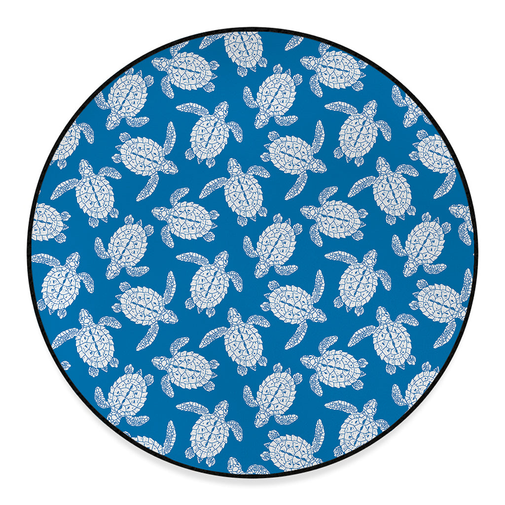 Blue And White Sea Turtle Pattern Print Round Floor Mat