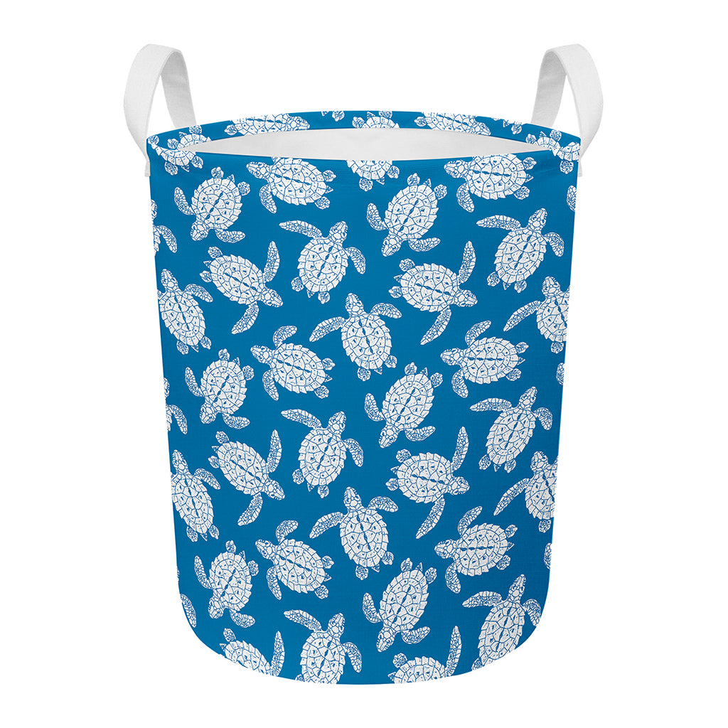 Blue And White Sea Turtle Pattern Print Round Laundry Basket