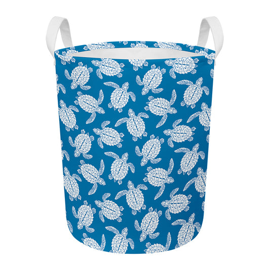 Blue And White Sea Turtle Pattern Print Round Laundry Basket