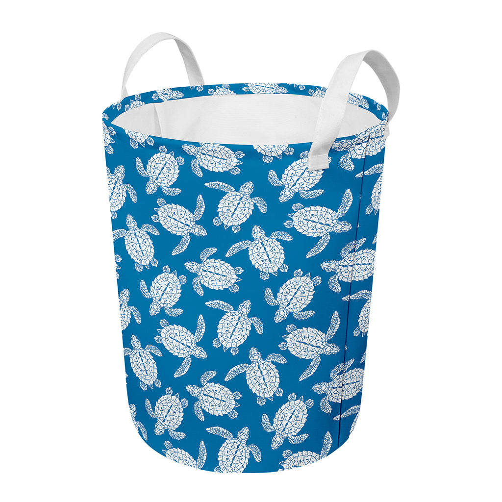 Blue And White Sea Turtle Pattern Print Round Laundry Basket