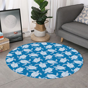 Blue And White Sea Turtle Pattern Print Round Rug