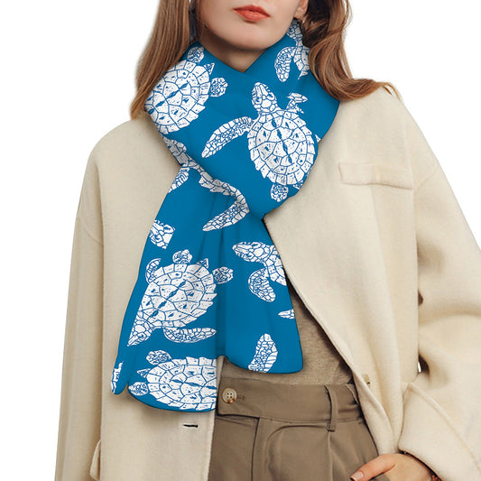 Blue And White Sea Turtle Pattern Print Scarf