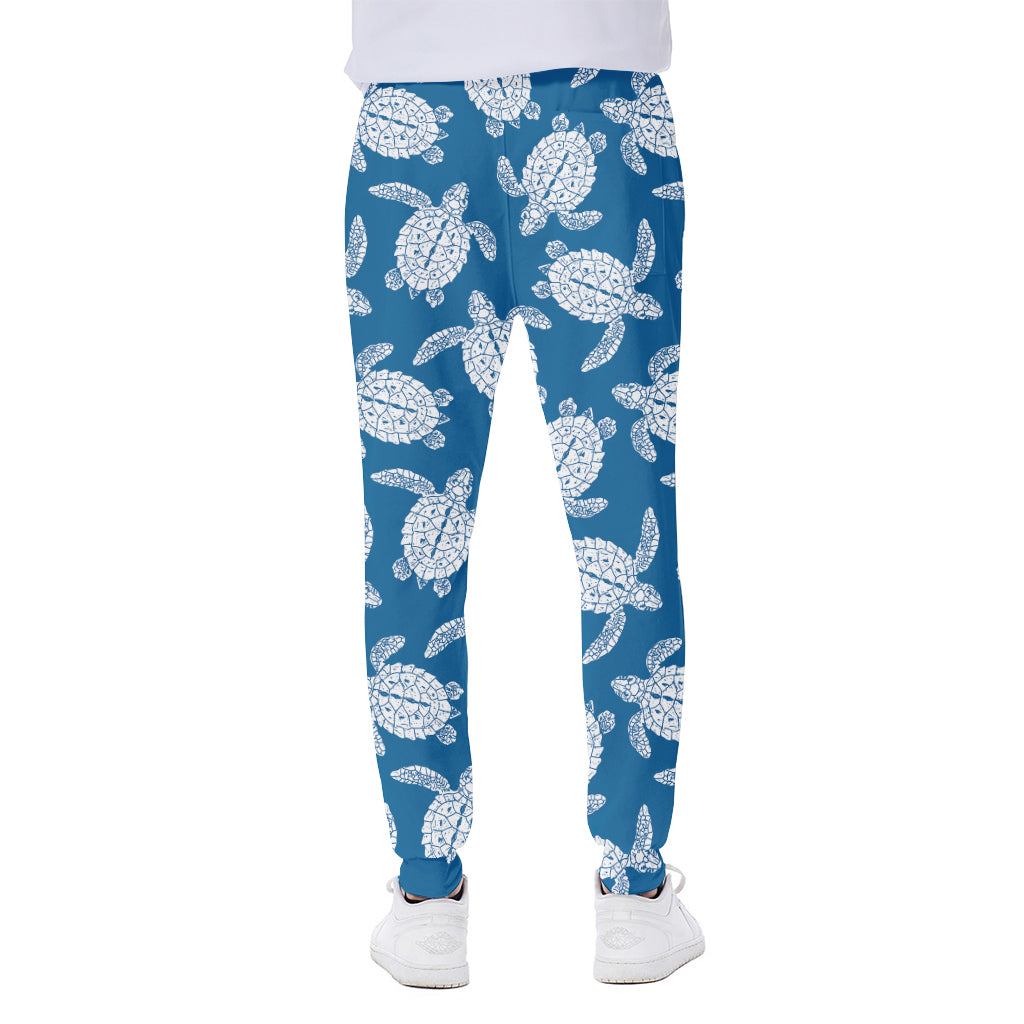 Blue And White Sea Turtle Pattern Print Scuba Joggers