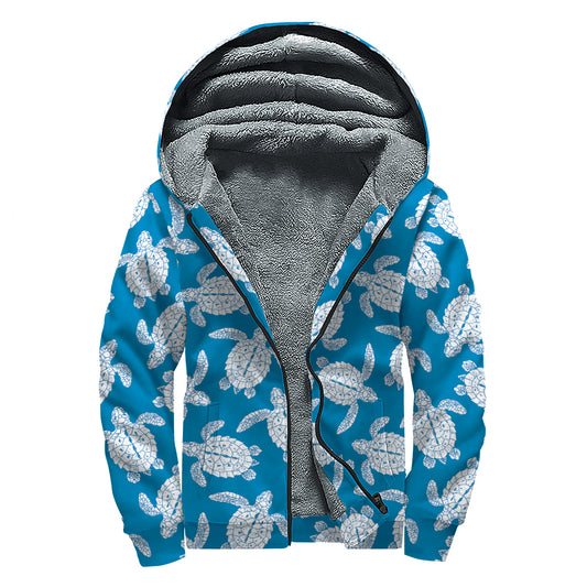 Blue And White Sea Turtle Pattern Print Sherpa Lined Zip Up Hoodie