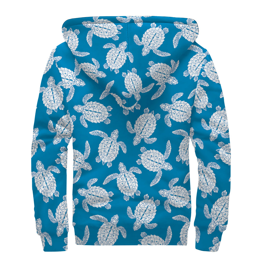 Blue And White Sea Turtle Pattern Print Sherpa Lined Zip Up Hoodie