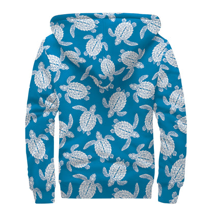 Blue And White Sea Turtle Pattern Print Sherpa Lined Zip Up Hoodie
