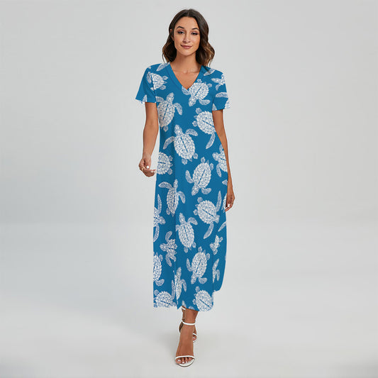 Blue And White Sea Turtle Pattern Print Short Sleeve Maxi Dress