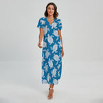 Blue And White Sea Turtle Pattern Print Short Sleeve Maxi Dress