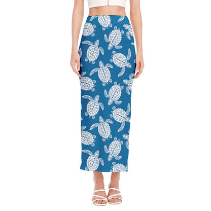 Blue And White Sea Turtle Pattern Print Side Slit Maxi Skirt