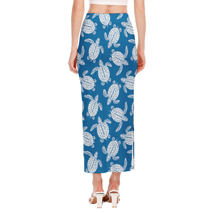 Blue And White Sea Turtle Pattern Print Side Slit Maxi Skirt