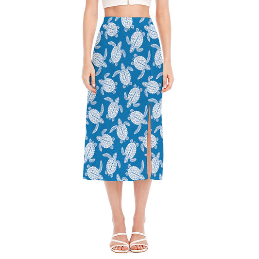 Blue And White Sea Turtle Pattern Print Side Slit Midi Skirt