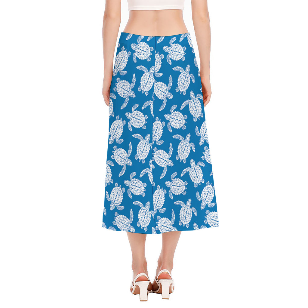Blue And White Sea Turtle Pattern Print Side Slit Midi Skirt