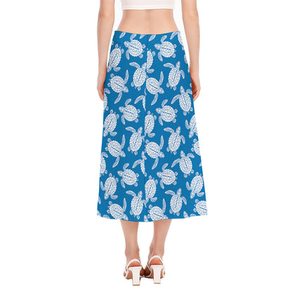 Blue And White Sea Turtle Pattern Print Side Slit Midi Skirt