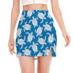 Blue And White Sea Turtle Pattern Print Side Slit Mini Skirt