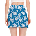 Blue And White Sea Turtle Pattern Print Side Slit Mini Skirt