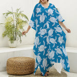 Blue And White Sea Turtle Pattern Print Silk V-Neck Kaftan Dress